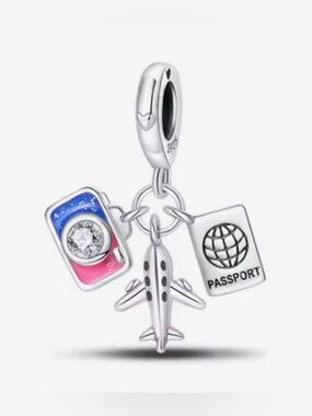 Silver, Blue & Pink Camera, Plane & Passport Dangle Travel Charm